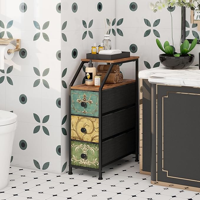 Tohomeor Narrow Dresser Tall Skinny Storage Tower Vertical Slim Chest of Drawers with Charging Station Small Nightstand Side Table for Bedroom, Bathroom, Small Spaces (Retro Flower, 3 Drawers)