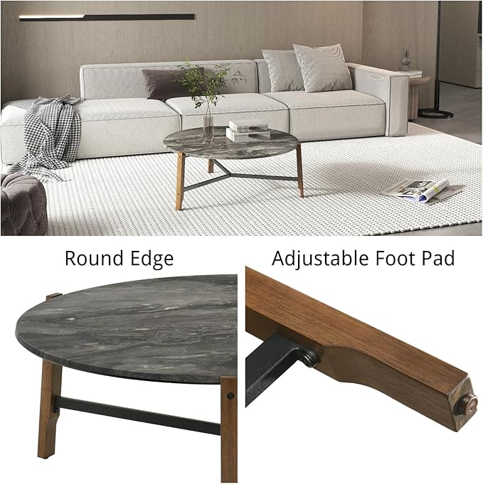 Modern Round Coffee Table, 36’’ Wide Wooden Side Table Mid-Century End Table with Wood Legs Metal Support for Living Room Bedroom, Black