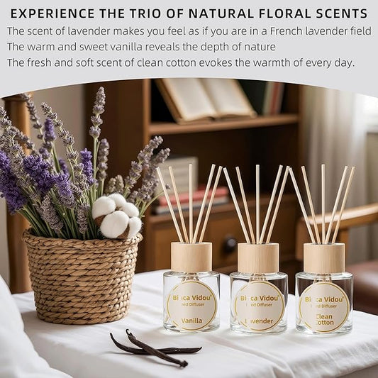 Reed Diffuser Set of 3, Binca Vidou Lavender Vanilla Clean Cotton Natural Scent Oil Diffusers with Sticks for Home Office Bathroom Aromatherapy Decor 1.69oz x 3
