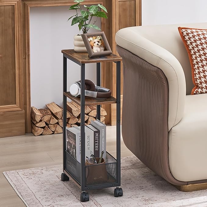 Side Table with Wheels of 2, Narrow Side Table with 3-Layer Storage Shelves, Slim Nightstand, Metal Frame, for Small Spaces, Living Room, Bedroom, 7.9" W x 15.7" D x 25.2" H, Rustic Brown