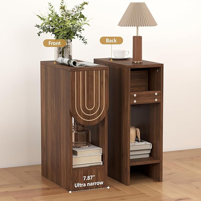 Narrow Nightstand, Mid-Century Modern Bedside Table with Carved Drawer and Storage Shelf, Slim Side End Table for Bedroom Small Space, Wooden Farmhouse Night Stand (1, Walnut)