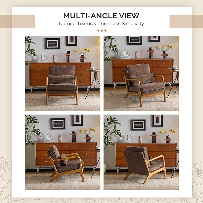 VINGLI Chenille Mid-Century Modern Accent Chair Set of 2, Cute Reading Arm Chair with Cushion & Lumbar Pillow & Solid Wood Frame for Lounge, Living Room, Reading Room, Bedroom, Espresso