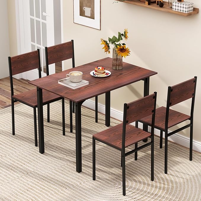 GOFLAME 5-Piece Dining Table Set, Industrial Kitchen Table and Chairs for 4 with Backrest and Metal Frame, Rectangular Space-Saving Dinette Set for Dining Room, Apartment, Small Space, Walnut