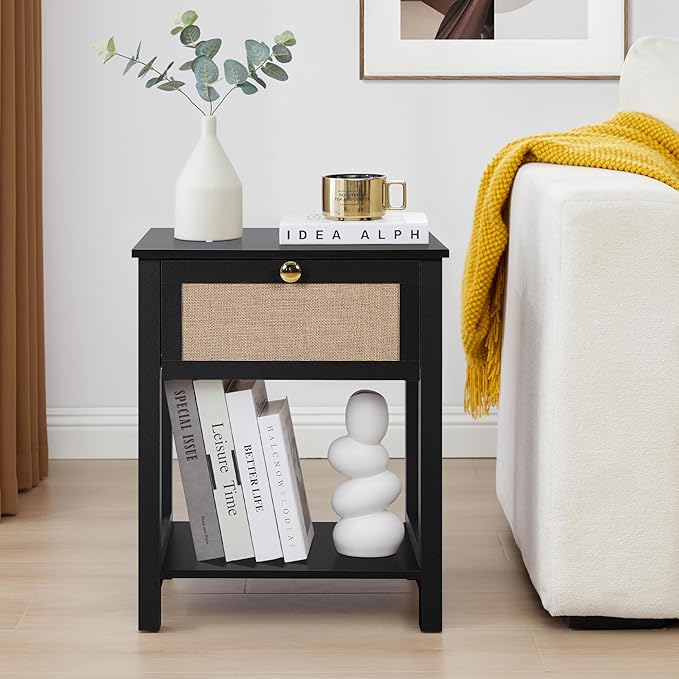 Wood Nightstand, 21.65" H End Table with Flax Finish, Modern Night Stands with Drawer, Farmhouse Bedside Table for Bedroom Living Room (Black)