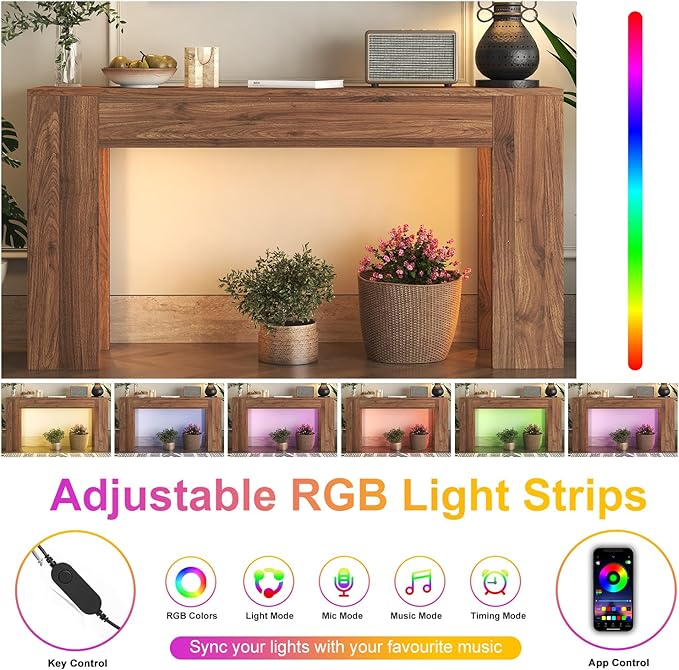 63-Inch Long Console Table with LED Light, Farmhouse Sofa Table Behind Couch, Wooden Console Table for Entryway Hallway Entrance Living Room, Brown