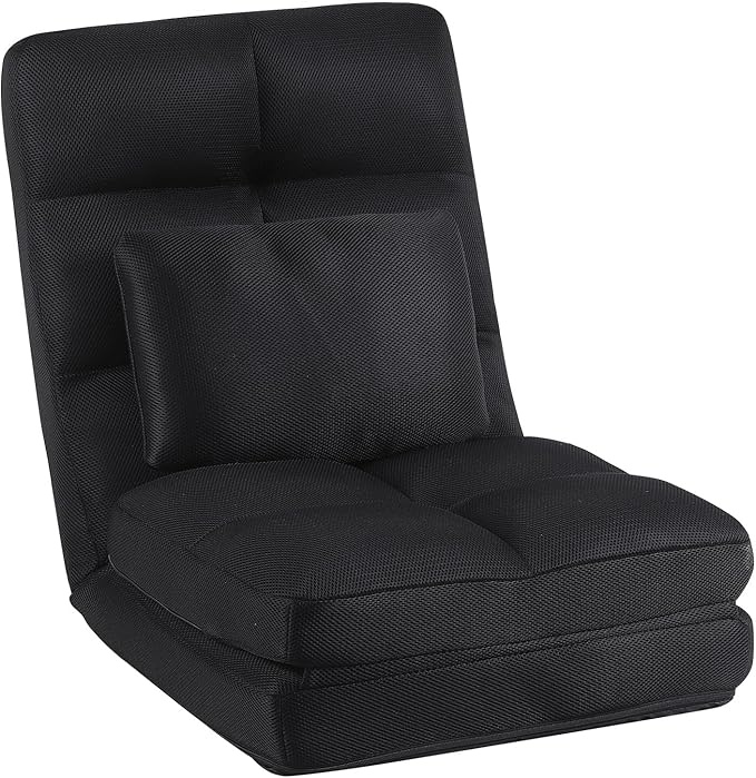 Floor Chair with Back Support for Adults Adjustable 14 Positions Video Game Chairs Foldable Floor Lounger with Pillow 8823(Black)