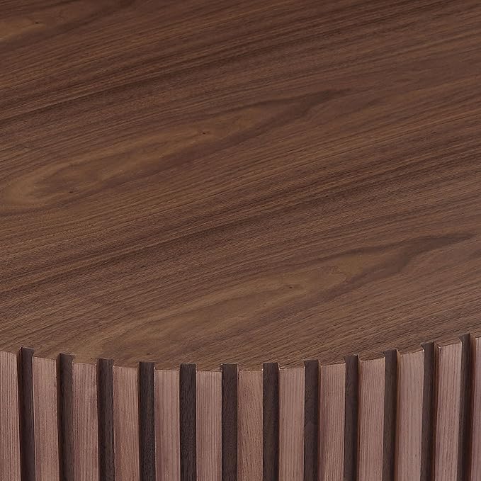 35.43" Modern Round Coffee Table,Handcraft Relief Drum Circle Wood Side End Accent Center for Living Room, Apartment, Walnut