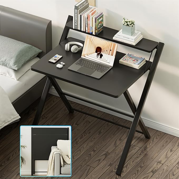 GreenForest No Assembly Folding Desk, 2-Tier Compact Computer Desk with Shelf, 30 inch Space Saving Foldable Table for Home Office, Dorm or Apartment, Portable Collapsible Sturdy Laptop Desk, Black