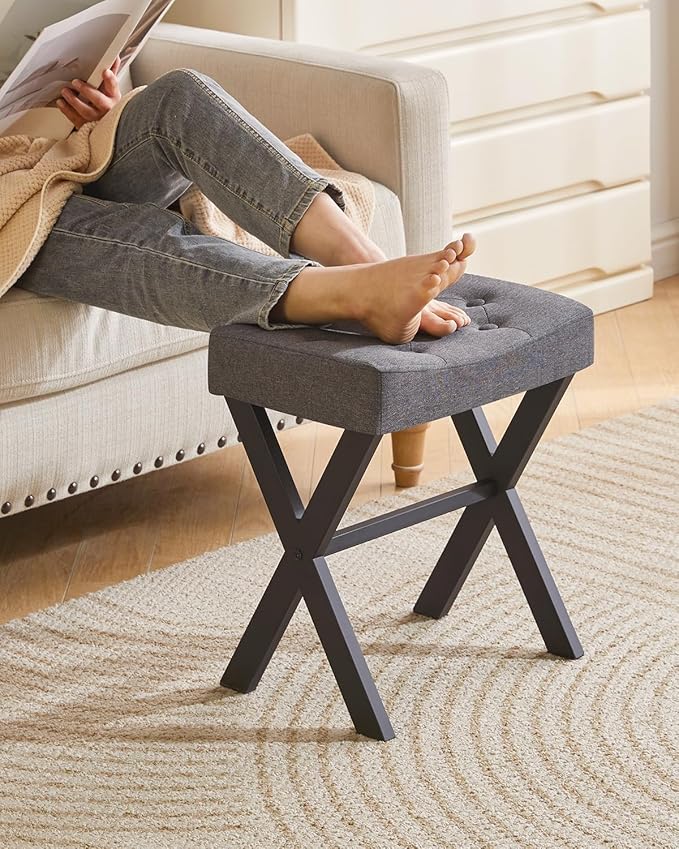 IBUYKE U-Shaped Linen Vanity Stool, Square Makeup Chair with X-Leg, Ottoman Seat Footrest Stool, Multi-Use as Small Side Table, for Bedroom, Living Room, Dark Gray WBD018G