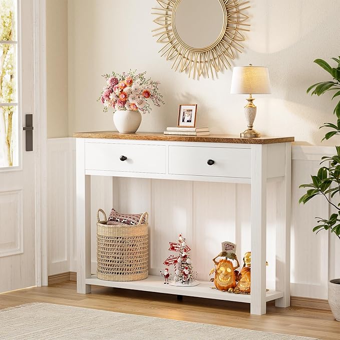 Homieasy Farmhouse Console Table with 2 Drawers, 32 Inch Small Sofa Table with Storage Shelf for Living Room, Behind Couch, Entryway Table for Hallway, Living Room, or Foyer, Rustic Brown and White