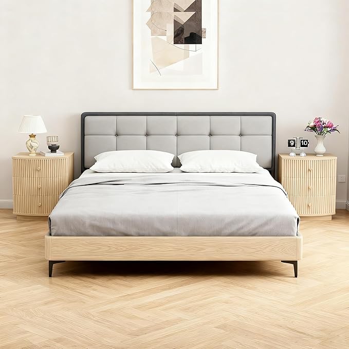 Grooved Wood End Table with 6 Drawers, Curved Edge Storage Side Table, Six Drawer Nightstand Compact Sofa Bedside Table for Bedroom, Living Room and Small Spaces, Natural X2