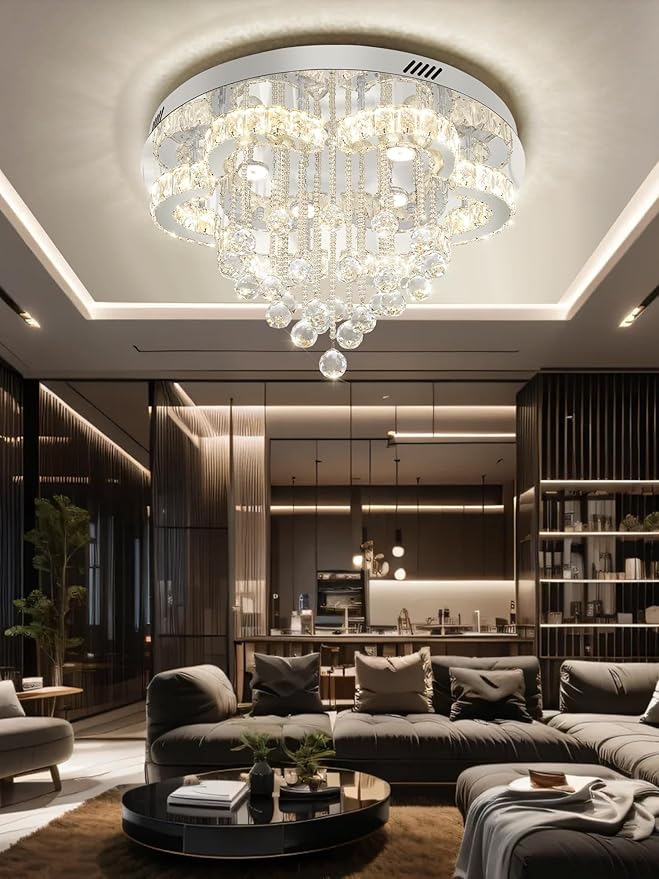 Flashing God W24inches Modern Chandelier for Dining Room Raindrop Crystal Chandelier Luxury Flush Mount Ceiling Light Fixture Ceiling Lamp for Hallway Bedroom Living Room Kitchen