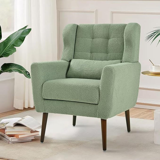 Modern Accent Chair, Upholstered Arm Chair with Waist Pillow, Single Sofa Chair for Living Room Bedroom Small Spaces (Light Green)
