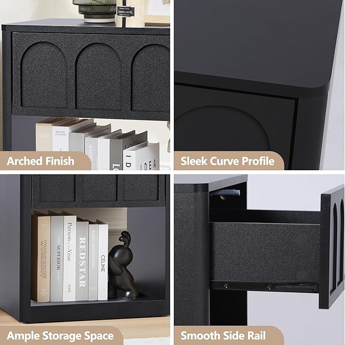 Nightstand Set of 2, 19.69" Wide Bedside Table with Arched Finish, Modern Night Stands with Curved Profile, Mid Century End Table for Bedroom Living Room (Black-2 Packs)
