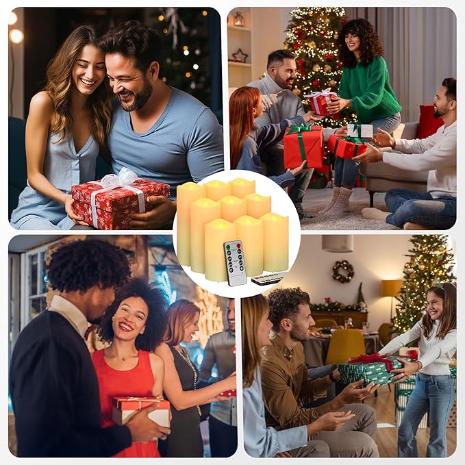 Flickering Flameless Candles, Realistic Battery Operated Candle with Timer, 18 AA Batteries Included, Set of 9 Outdoor Indoor Decor with 10-Key Remote LED Flameless Candle, Birthday Gifts for Him, Her