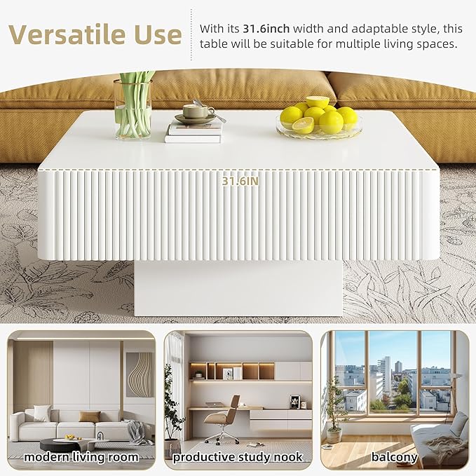 31.6" Square Fluted Coffee Table, Modern Wood Coffee Table, Black Fluted Tea Center Table with Thick Tabletop & Sturdy Pedestal for Living Room Apartment- Easy Assembly