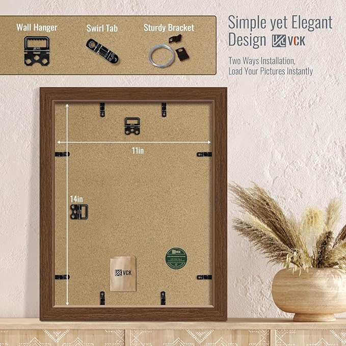 VCK 11x14 Picture Frame 2 Pack - Brown, High-End Wood Poster Frames with Tempered Glass, Display 8x10 Photo with Mat or 11x14 without Mat, Art Gallery-Quality, Wall Hanging, Brown