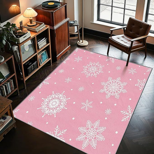 Snowflake Rug 5x7-3x4 Rug, Pink Christmas Door Mat Indoor Entrance, Snowflake Entryway Throw Rugs, White Snowflakes Carpet, Festive Home Decor & Gifts