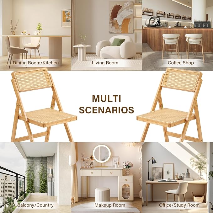 Rattan Folding Chairs, Modern Mid Century Dining Chairs Set of 2, Outdoor Bamboo Chair for Bedroom Living Room Reading Room Dining Kitchen, Wood