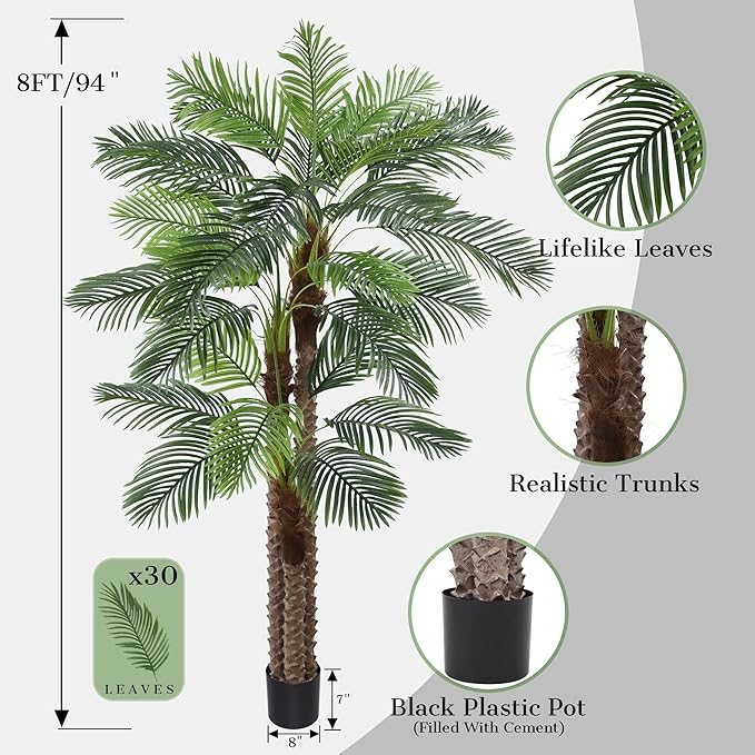8FT Artificial Palm Tree - Tall Fake Palm Tree with 30 Lifelike Leaves & Realistic Trunk, 96" Large Faux Tropical Phoenix Palm Plant for Home Living Room Poolside Office Hotel Mall Decor