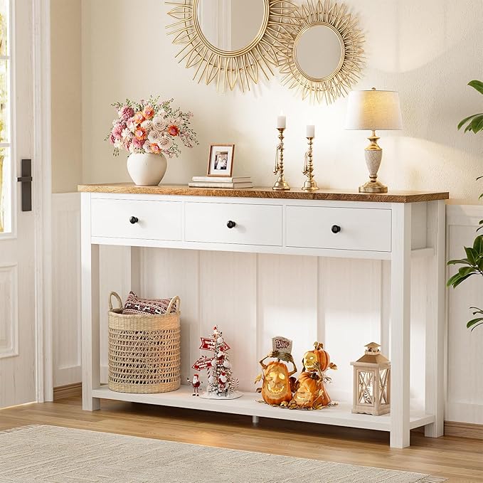 Homieasy Farmhouse Console Table with 3 Drawers, 47 Inch Wood Sofa Table with Storage Shelf for Living Room, Behind Couch, Entryway Table for Hallway, Living Room, or Foyer, Rustic Brown and White