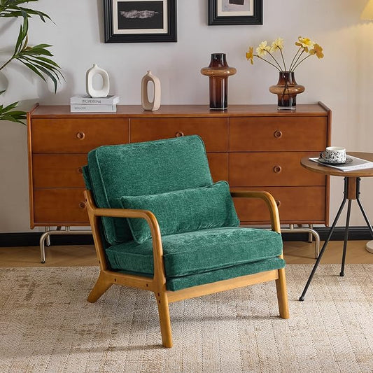 VINGLI Chenille Mid-Century Modern Accent Chair, Cute Reading Arm Chair with Cushion & Lumbar Pillow & Solid Wood Frame for Lounge, Living Room, Reading Room, Bedroom, Forest-Green