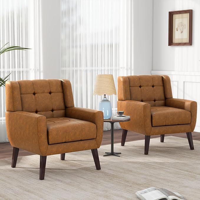 Pia Ricco 2 Pack Mid Century Modern Accent Chairs, Button Tufted Faux Leather Armchairs - Easy-Clean Matching Set for Living Room, Durable Sofa Chairs for Home Office & Lounge, Brown