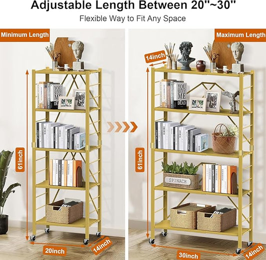 5 Tier Foldable Storage Shelves, Expandable Folding Shelving Units with Wheels, Changeable into 2 Shelf Units, Collapsible Adjustable Storage Rack Metal Shelves for Storage, Pantry, Garage, Gold
