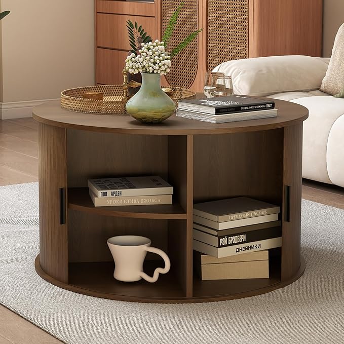 SoarFlash 31.5 Inch Fluted Coffee Table with Storage, Mid Century Modern Round Coffee Table with Shelf, Center Table with Sliding Door and Wood Fluted Handle for Living Room, Walnut