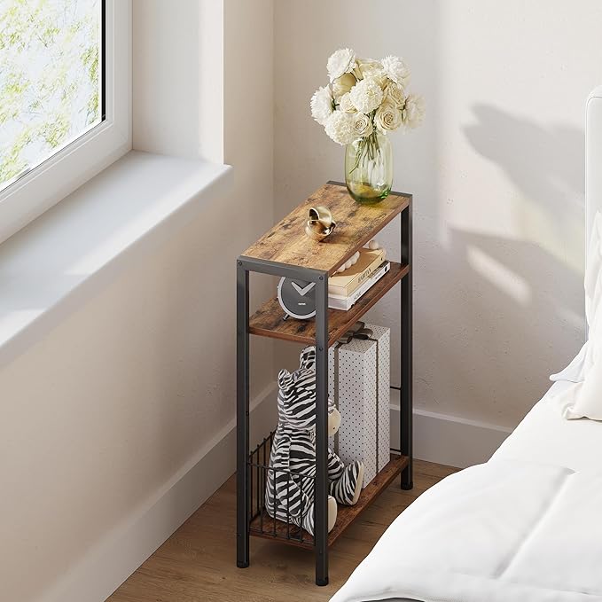 Narrow Side Table with Storage Basket, Small End Table for Small Spaces, Slim Sofa Table for Living Room, 3 Tier Bedside Table for Bedroom, Rustic Brown