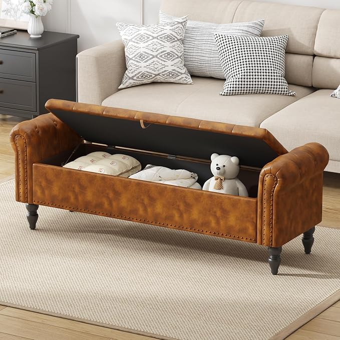 Furniliving 63” End of Bed Bench, Bedroom Bench with Button-Tufted, Large Upholstered Storage Ottoman Benches Entryway Bench with Storage Shoe Cabinet Bench, for Bedroom, Living Room, PU, Brown