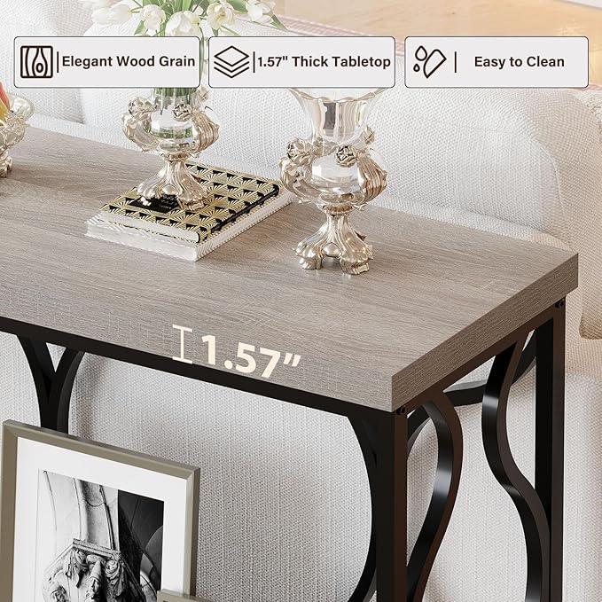 IBF Narrow Entryway Table with Storage, Modern Wood Metal Console Sofa Table Behind Couch Tables, Industrial Narrow Hallway Table for Living Room Home Office Foyer Entry Way Entrance, Grey, 39.4 Inch