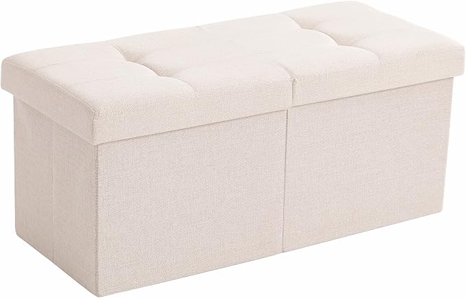 Cuyoca Foldable Seat Footrest Shoe Bench End of Bed Storage with Flipping Lid, 75L Storage Space, 30 inches Linen Fabric Beige