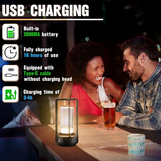 Portable Metal Table Lamp,Cordless Table Lamp, Rechargeable Battery Operated Lights, LED Table Lamps, 3 Color Stepless Dimming Touch, for Bedroom Restaurant Home Outdoor (Black)