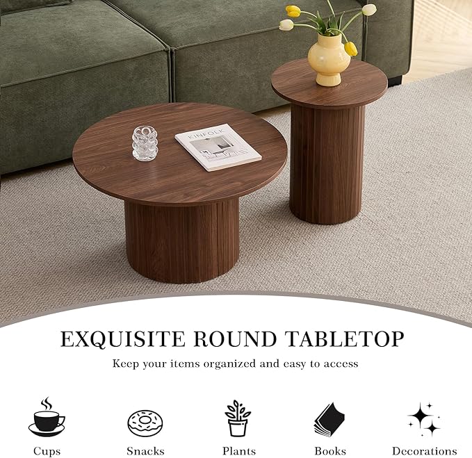 Small Nesting Table Set of 2 Mid Century Modern Wood Round Coffee Tables Boho Circle Side Table for Small Spaces Living Room Comedor Home Office(Walnut)