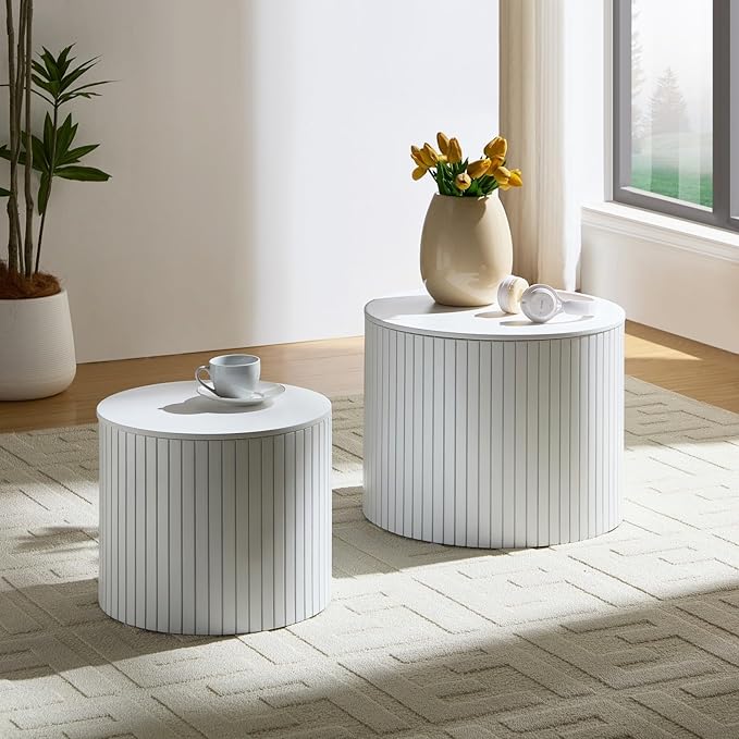 KEVINSPACE Small Coffee Table Nesting EndTable Set of 2, Round CoffeeTable with Storage Function Wood SideTable Circle Accent Tables for Small Spaces Living Room Bedroom Balcony Office White
