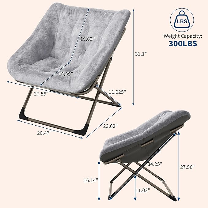 Folding Saucer Chair for Adults, Comfortable Living Room Lounge Chair with Soft Faux Fur Cushion, No Assembly Required, Foldable Accent Furniture for Apartments/Dorms/Bedrooms, Grey