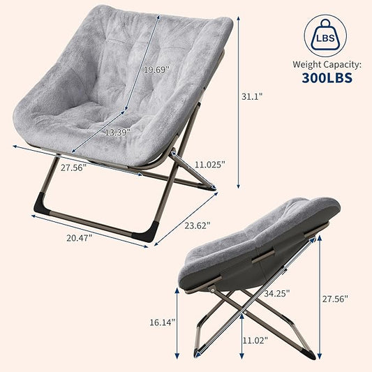 Folding Saucer Chair for Adults, Comfortable Living Room Lounge Chair with Soft Faux Fur Cushion, No Assembly Required, Foldable Accent Furniture for Apartments/Dorms/Bedrooms, Grey