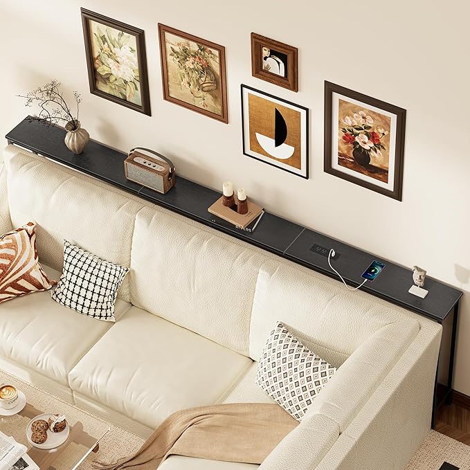 SUPERJARE 102.4 Inch Sofa Table with Power Outlets and USB-C Port, 5.9 Inch Narrow Console Tables, Entryway Hallway Couch Tables with Storage, Behind Sofa, Small Spaces, Living Room, Black
