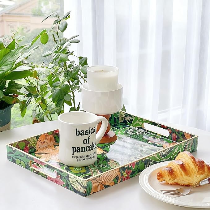 Zosenley Rectangular - Decorative Plastic Tray with Handles Modern Vanity Serving for Ottoman, Coffee Table, Kitchen and Bathroom 13.8 x 9.84 Inch (Morris Green)