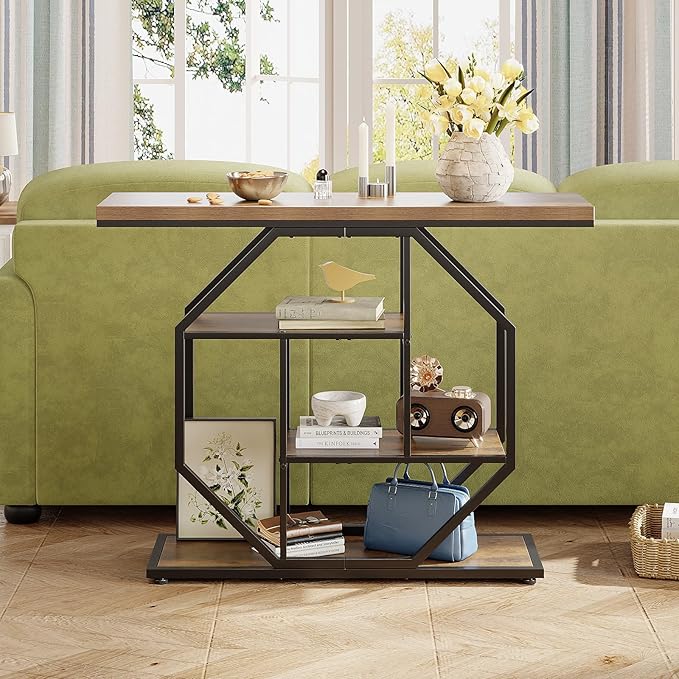 GiftGo 41.3" Narrow Console Table Entryway Industrial 4-Tier Sofa Table Behind Couch with Octago Base Wood Accent Tables with Storage Shelves for Living Room, Hallway, Foyer (Brown)