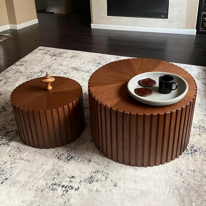 Round Nesting Coffee Table Set of 2 Small Round Coffee Tables for Living Room Modern Fluted Coffee Table Circular End Table Side Table for Small Spaces No Assembly (Brown, 27 in)