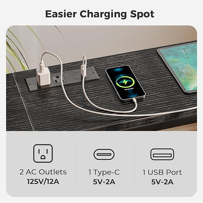 SUPERJARE Console Table with Outlet, 63 Inch Sofa Table with Charging Station, Narrow Entryway Table, Skinny Hallway Table, Behind Couch Table, for Living Room, Plants, Black