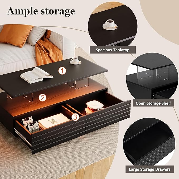 Modern Black Rectangular LED Lights Coffee Table with 2 Drawers in 47.2"