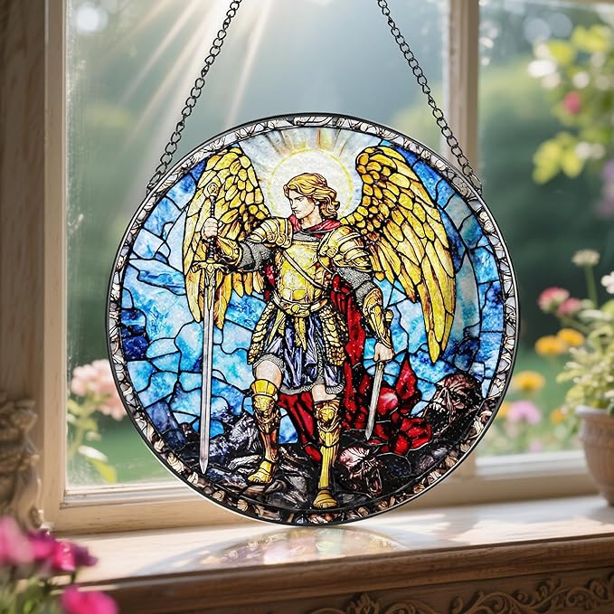 Stained Glass Suncatcher, Archangel Michael Sun Catcher Ornament; Stained Glass Window Hanging, Warrior Angel Window Decor; Christmas Home Decor, Christian Gifts, Religious Gifts