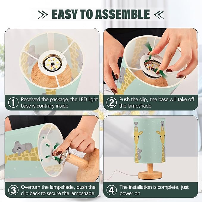 Table Lamp Cute Giraffe and Koala Bear Polka Dot Modern Design Nightstand Lamp with Wood Base Fabric Lamp Shade Bedside Desk Lamp for Living Room Bedroom Kids Room Office