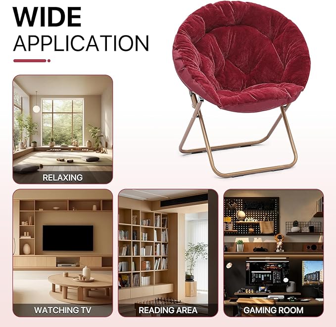Athena Collection Comfy Saucer Chair Folding Cozy Chair for Bed Room Living Room Accent Chair Faux Fur Reading Chair Foldable Metal Frame Lazy Chair Moon Chair for Adult, Red