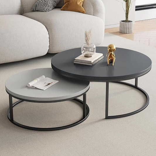 Round Nesting Coffee Table Set of 2, Modern Minimalist Accent Tables for Living Room, Bedroom, Office, Stackable Side Tables (Light & Dark Gray)