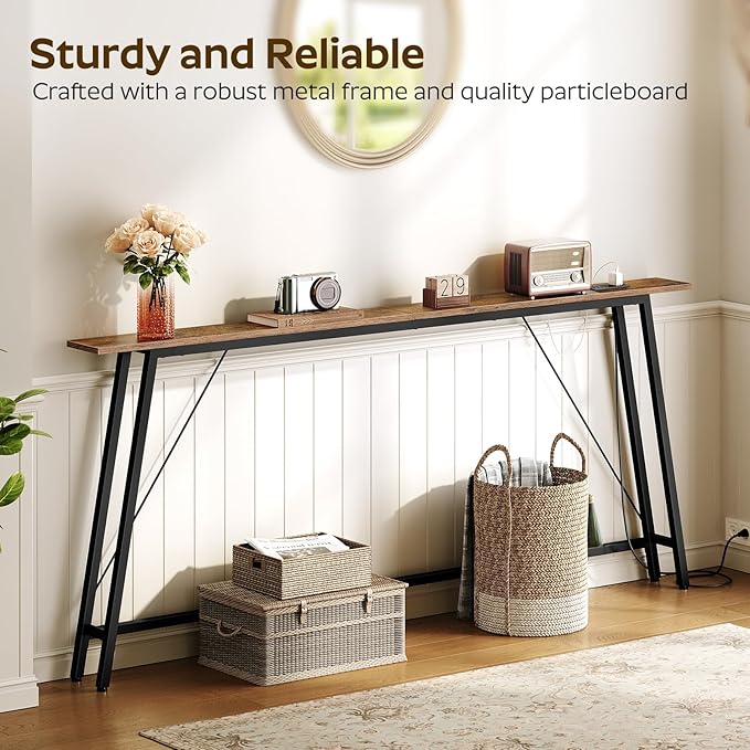 70.9" Couch Table Behind Sofa, Narrow Console Table with Outlet, Skinny Sofa Tables Narrow Long, Long Entryway Tables for Hallway, Entryway, Living Room, Rustic Brown and Black CT185UBR