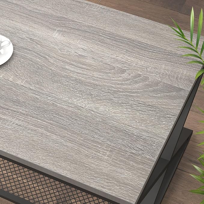 LVB Gray Coffee Table with Storage, Farmhouse Metal Wood 2 Tier Center Table for Living Room, Industrial Wooden Rectangular Concrete Tables with Mesh Shelf for Office Bedroom, 39 inch, Light Grey Oak